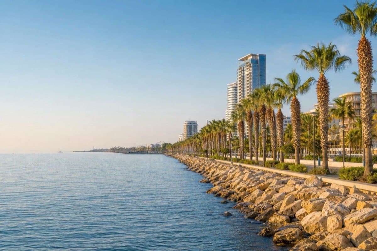 Limassol Mediterranean coastline with palm-lined promenade, Cyprus