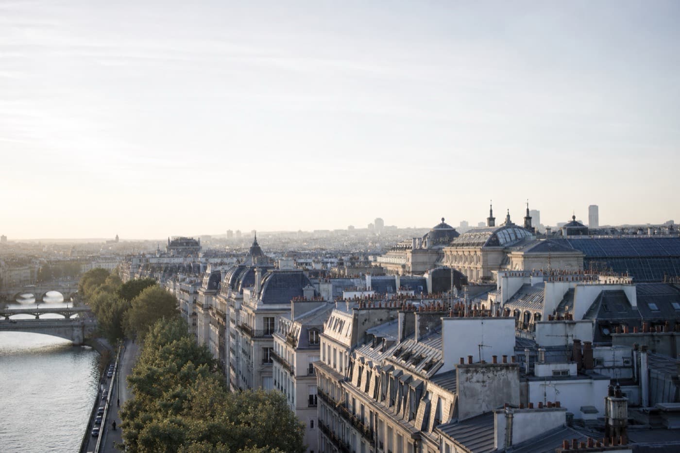 Paris Haussmann rooftops and Seine riverfront in soft editorial light, France