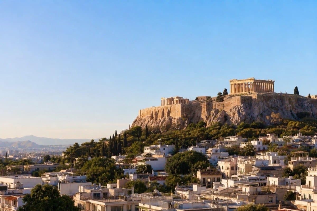 Athens Acropolis viewed across urban rooftops with Aegean light, Greece
