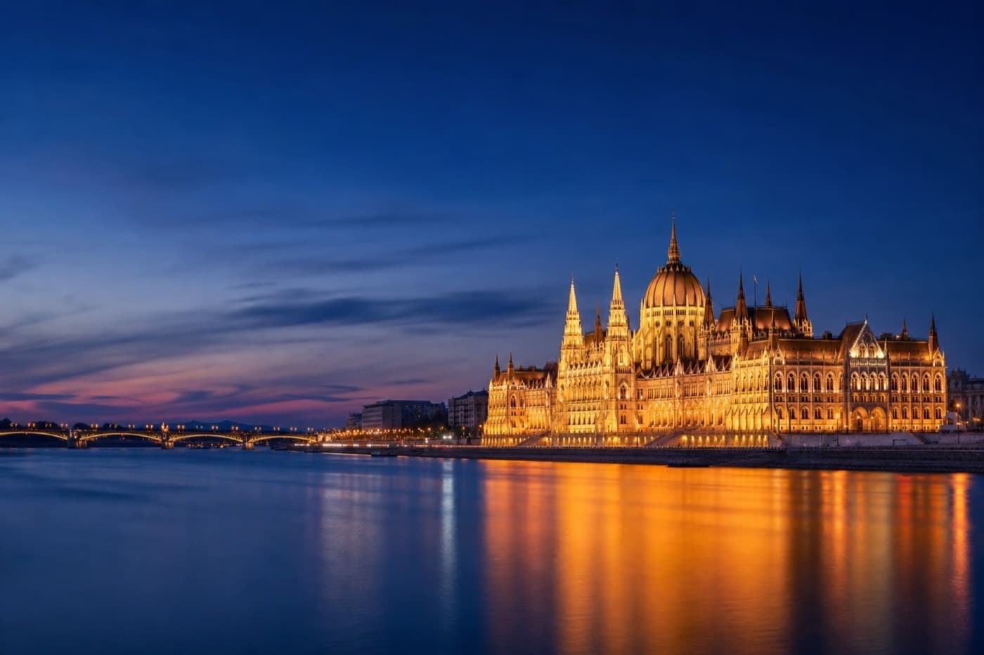 Budapest Parliament and Danube riverfront at blue hour, Hungary